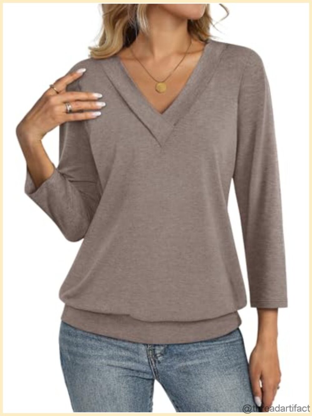 Womens 3/4 Sleeve V Neck Banded Bottom Loose Fit Tunic T Shirt Top